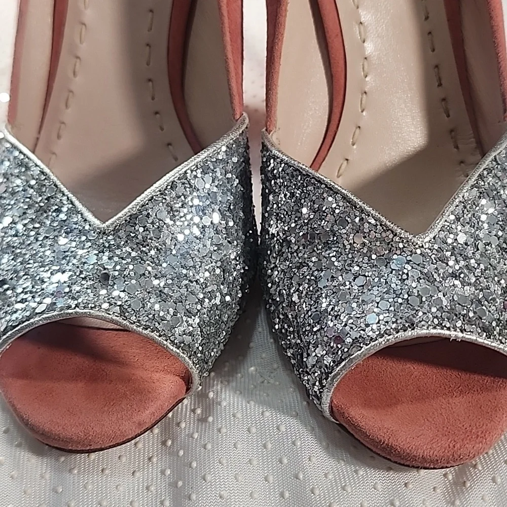 Miu Miu Silver Coral Coarse Glittery and Suede Peep Toe Pumps Heels. 37 - Picture 8 of 13